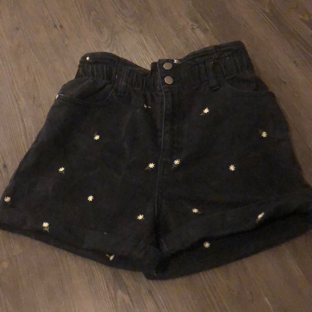 Black with Daisy Flower High Waisted Jean Shorts